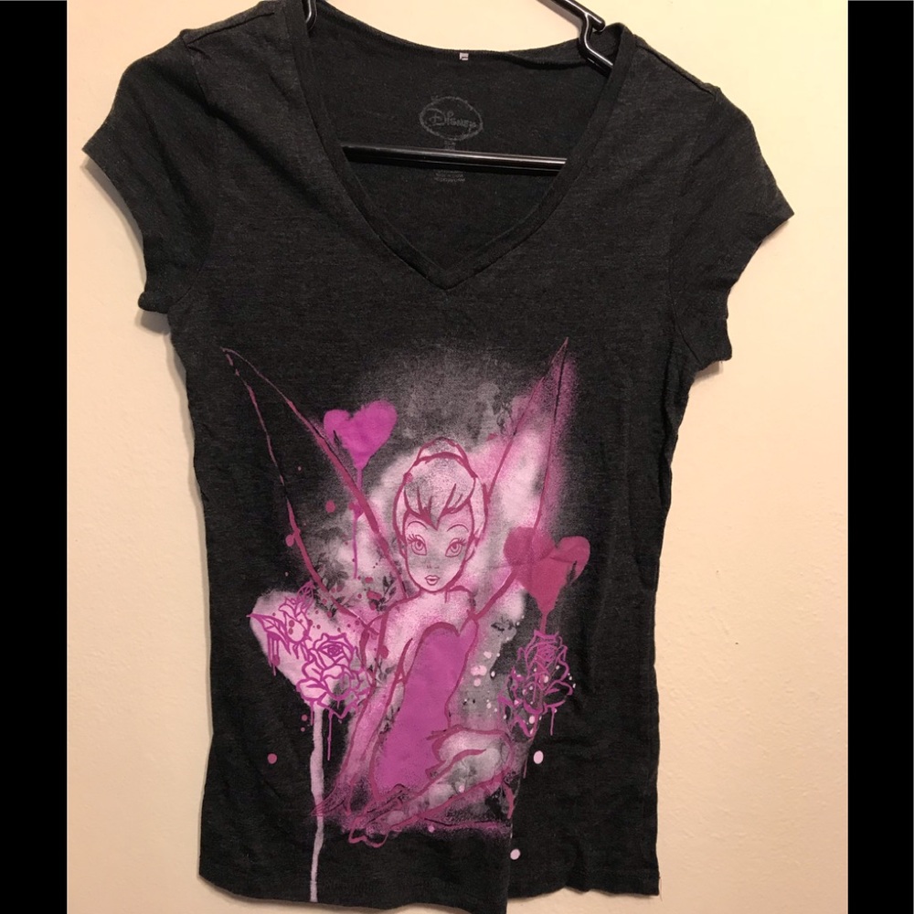 Disney Tinkerbell V Neck Shirt Top Pink Gray